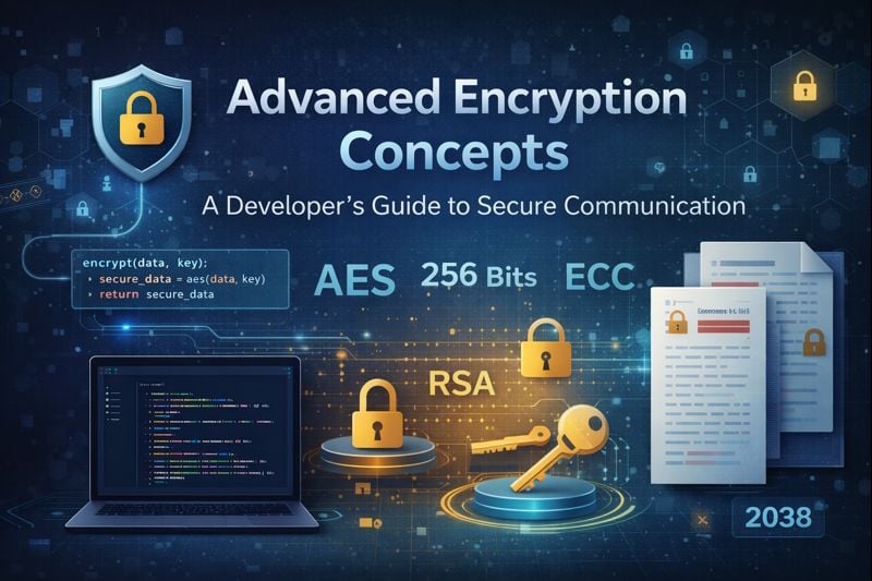 Diagram-style illustration of AES, RSA, and elliptic curve encryption concepts for secure communications