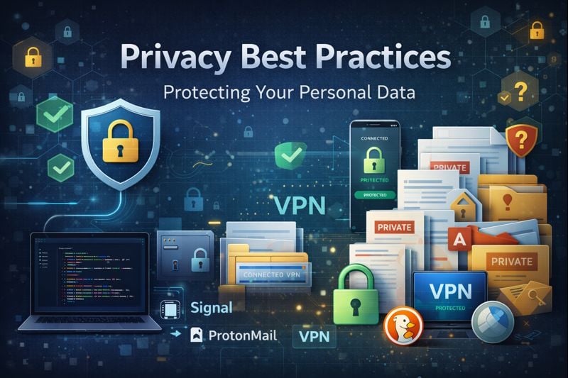 Illustration representing digital privacy best practices, including secure communication, data protection, and privacy tools