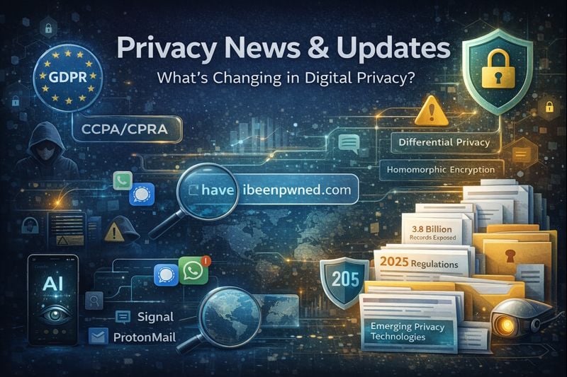 Illustration highlighting recent digital privacy news, regulations, data breaches, and emerging privacy technologies
