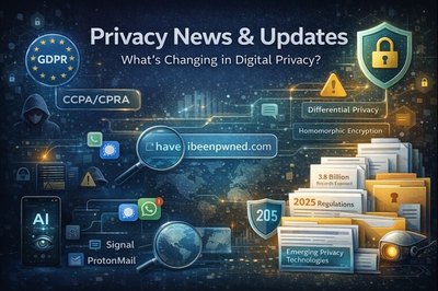 Illustration highlighting recent digital privacy news, regulations, data breaches, and emerging privacy technologies