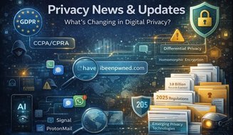 Illustration highlighting recent digital privacy news, regulations, data breaches, and emerging privacy technologies
