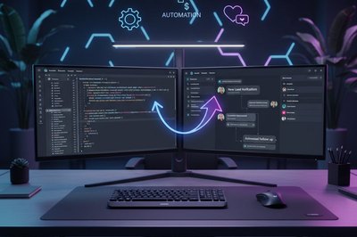 Developer creating messenger bot with code editor and webhook architecture diagram