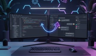 Developer creating messenger bot with code editor and webhook architecture diagram
