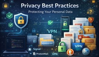 Illustration representing digital privacy best practices, including secure communication, data protection, and privacy tools