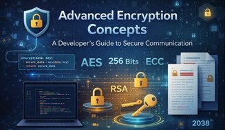 Diagram-style illustration of AES, RSA, and elliptic curve encryption concepts for secure communications