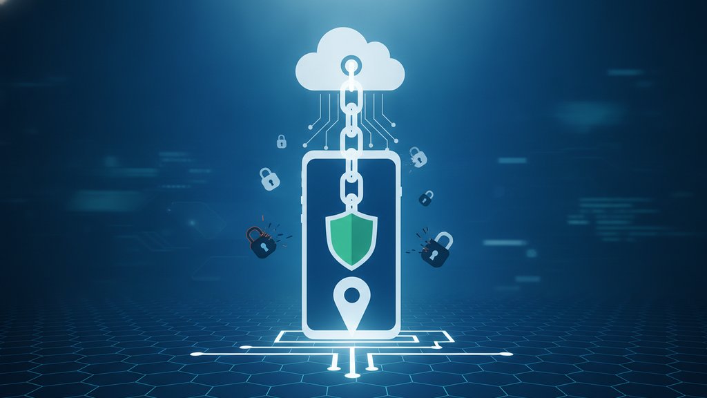 A glowing padlock pinned to a digital certificate chain illustrates how certificate pinning keeps mobile apps secure.