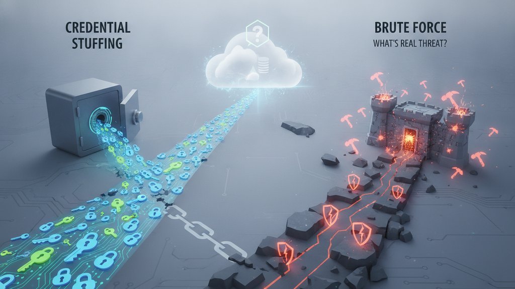 A split digital illustration contrasting credential stuffing and brute force cyberattacks with glowing login screens and lock icons.