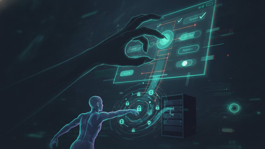A shadowy hand manipulates glowing UI toggles on a screen, illustrating how dark patterns influence privacy choices.