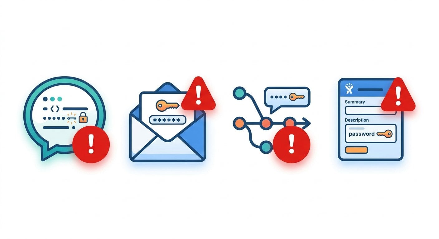 diagram yang menunjukkan metode secrets management yang tidak aman seperti Slack dan email untuk API key