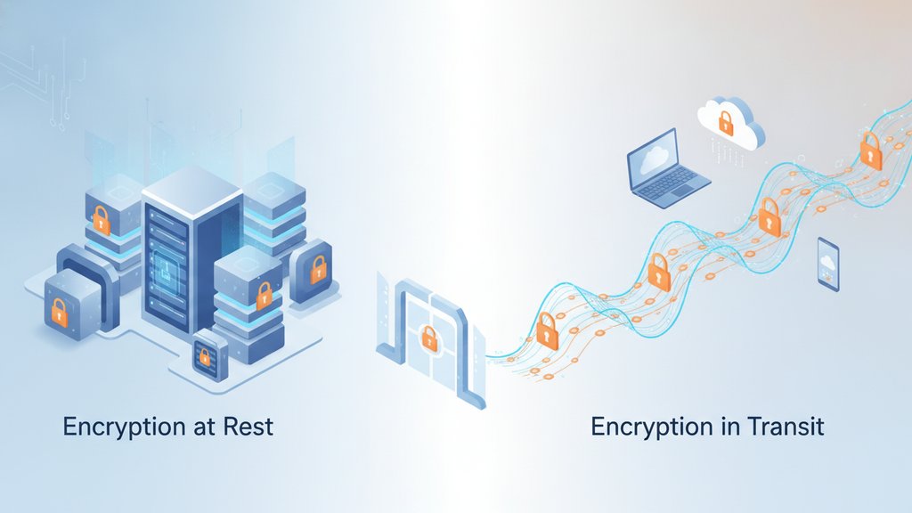 Abstract illustration of data flowing through digital pathways, with locked and unlocked symbols representing encryption at rest versus in transit.