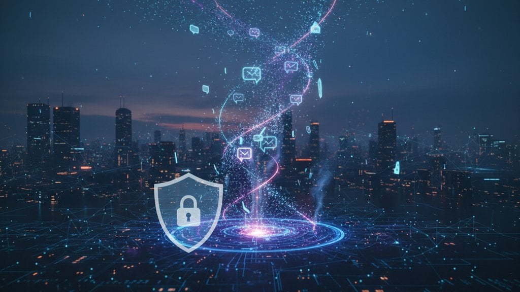 Paisagem urbana cyberpunk ao entardecer com escudo de segurança digital e cadeado brilhante, cercados por ícones de mensagens e partículas de dados.