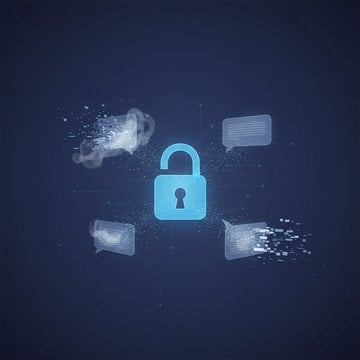 A futuristic cyberpunk cityscape at dusk with a glowing digital security shield and padlock in the foreground, surrounded by swirling streams of message icons and data particles rising into the sky, representing secure ephemeral messaging and data privacy.