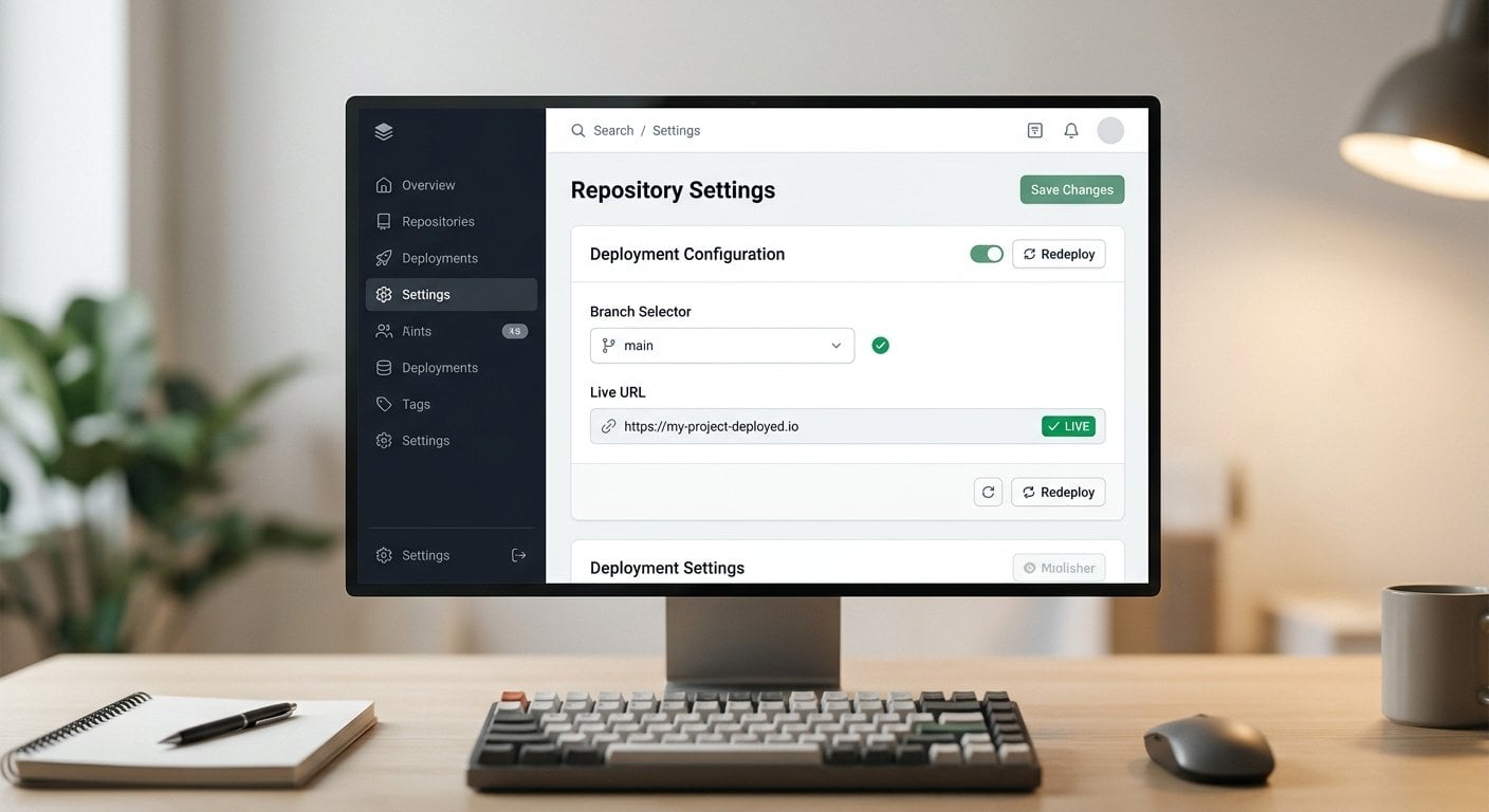 GitHub Pages settings panel showing deployment source and live URL for static website hosting