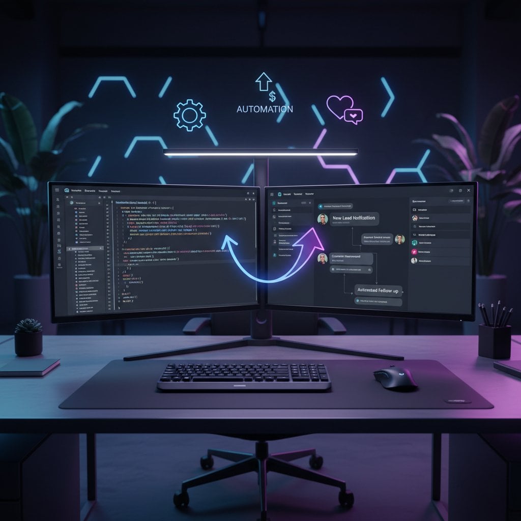 Developer creating messenger bot with code editor and webhook architecture diagram