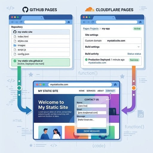 Free static website hosting setup using GitHub Pages and Cloudflare Pages with contact form integration in {year}