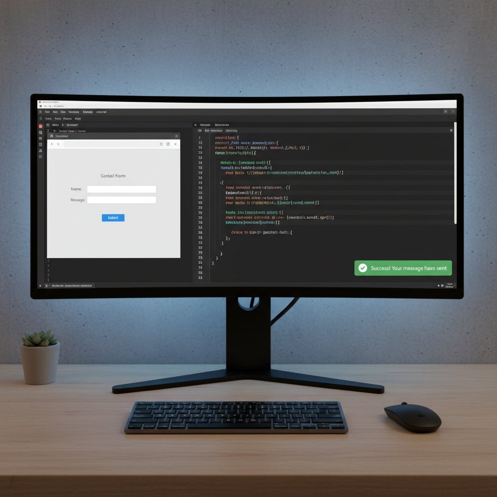 HTML form submit fetch javascript tutorial showing code editor with fetch API call and form submission flow
