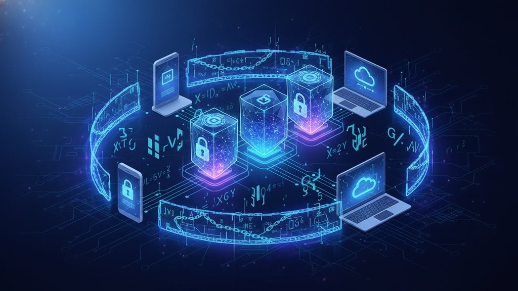 Isometric illustration of devices in a circular encrypted network with padlocked data cubes representing end-to-end encryption