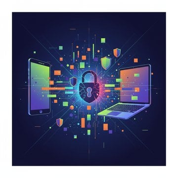 Isometric illustration of devices in a circular encrypted network with padlocked data cubes representing end-to-end encryption