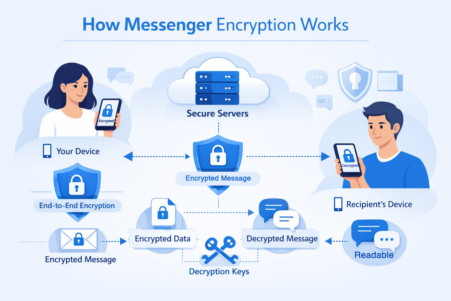 Diagram showing end-to-end encryption flow in messenger apps