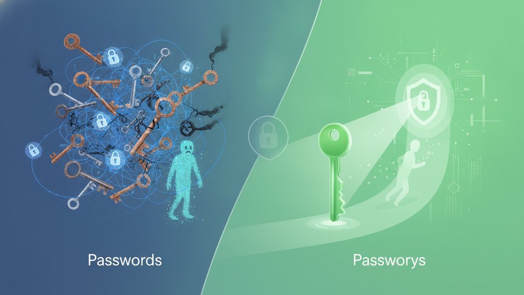 A glowing passkey symbol beside a faded padlock, illustrating the shift from passwords to passkeys for modern security.