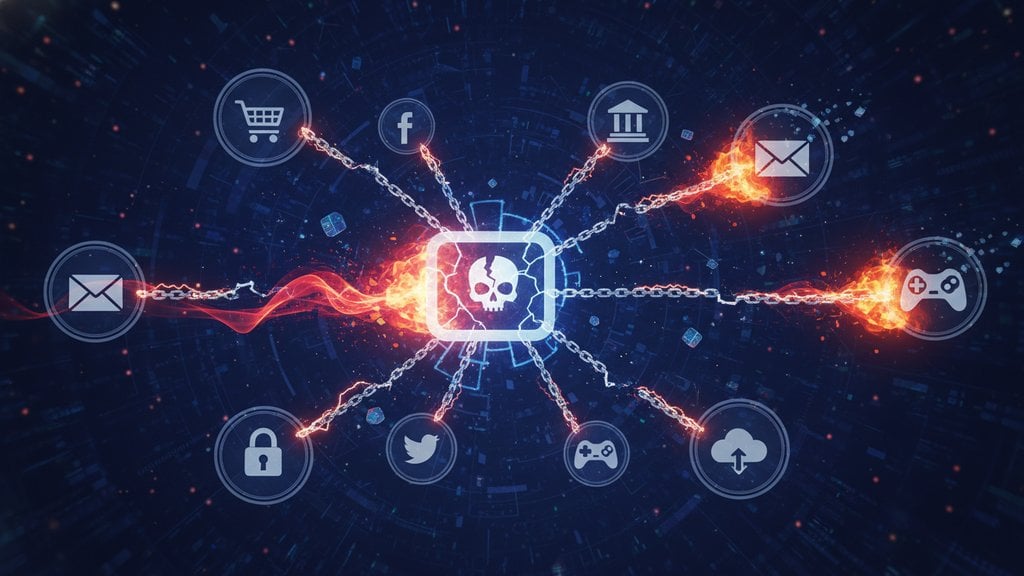 Central threat icon chained to multiple online account types illustrating how reused passwords expose email, banking, and social media accounts to credential stuffing attacks