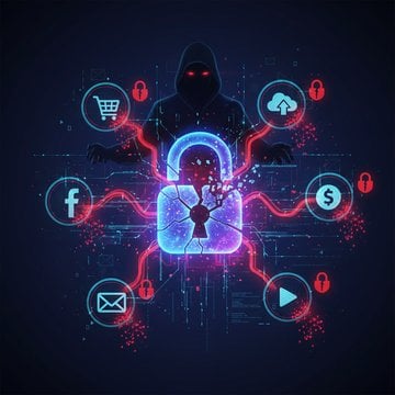 Central threat icon chained to multiple online account types illustrating how reused passwords expose email, banking, and social media accounts to credential stuffing attacks