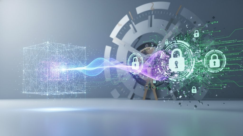 Abstract digital illustration showing a glowing quantum lock mechanism fracturing against a backdrop of flowing binary code and encryption patterns.