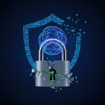 Abstract digital illustration showing a glowing quantum lock mechanism fracturing against a backdrop of flowing binary code and encryption patterns.