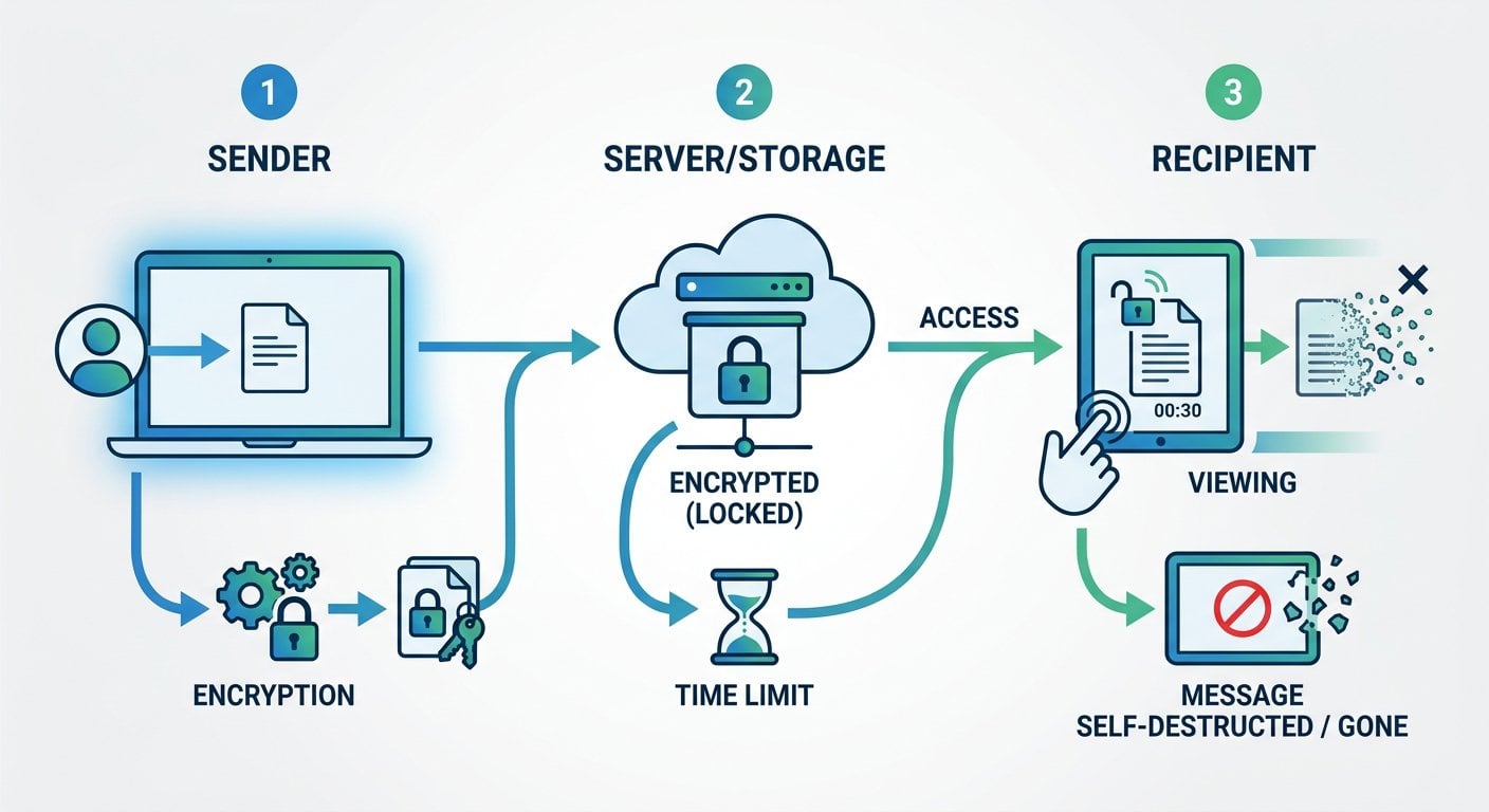 Diagram showing encrypted self-destructing message flow for remote work data security