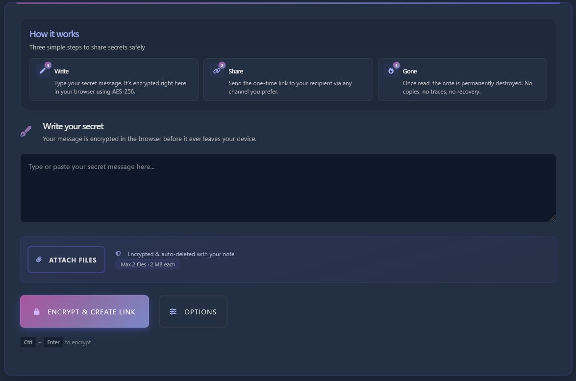 Interface showing one-time secret message creation for sensitive bot communications