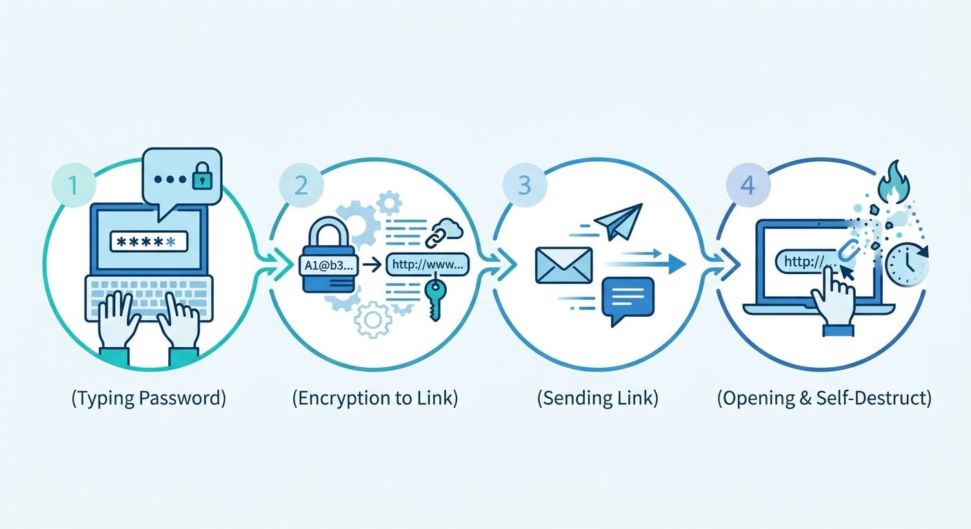Diagram showing the secure password sharing process using a one-time encrypted link