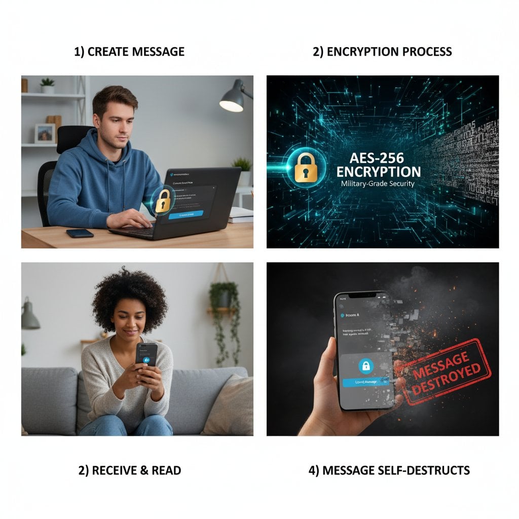 Private message self-destruction workflow showing encryption and automatic deletion process