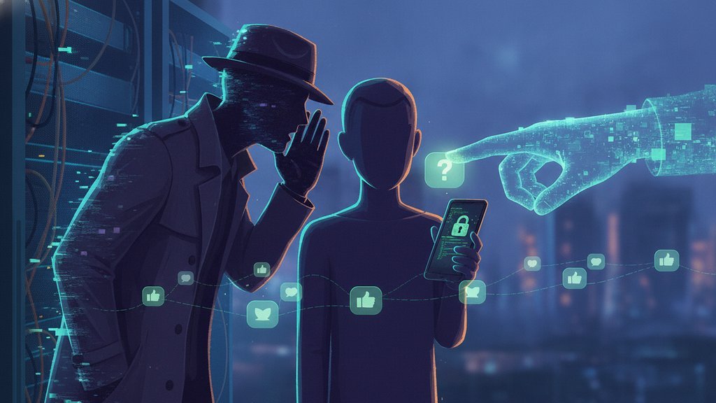 Illustration of a social engineering attack, with a disguised attacker whispering to a person holding a phone while a digital hand tries to extract sensitive information.