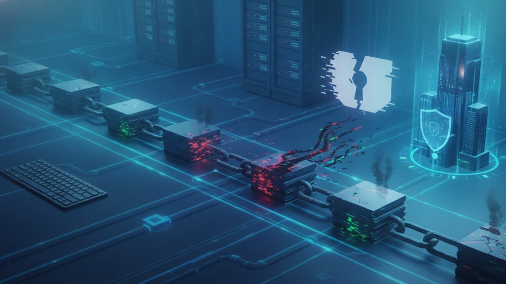 A glowing digital supply chain network with broken links highlights software supply chain attack vulnerabilities.
