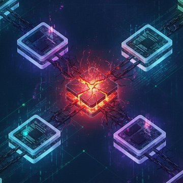 A glowing digital supply chain network with broken links highlights software supply chain attack vulnerabilities.