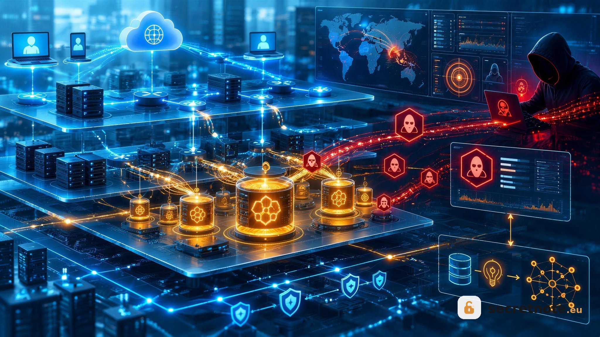 Illustration of a honeypot security system, showing decoy servers and data attracting suspicious activity while monitoring tools detect and analyze potential attackers.