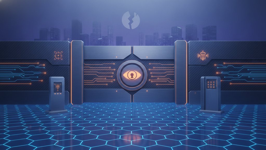 A glowing digital lock on a layered security panel illustrates how access control protects systems beyond encryption.