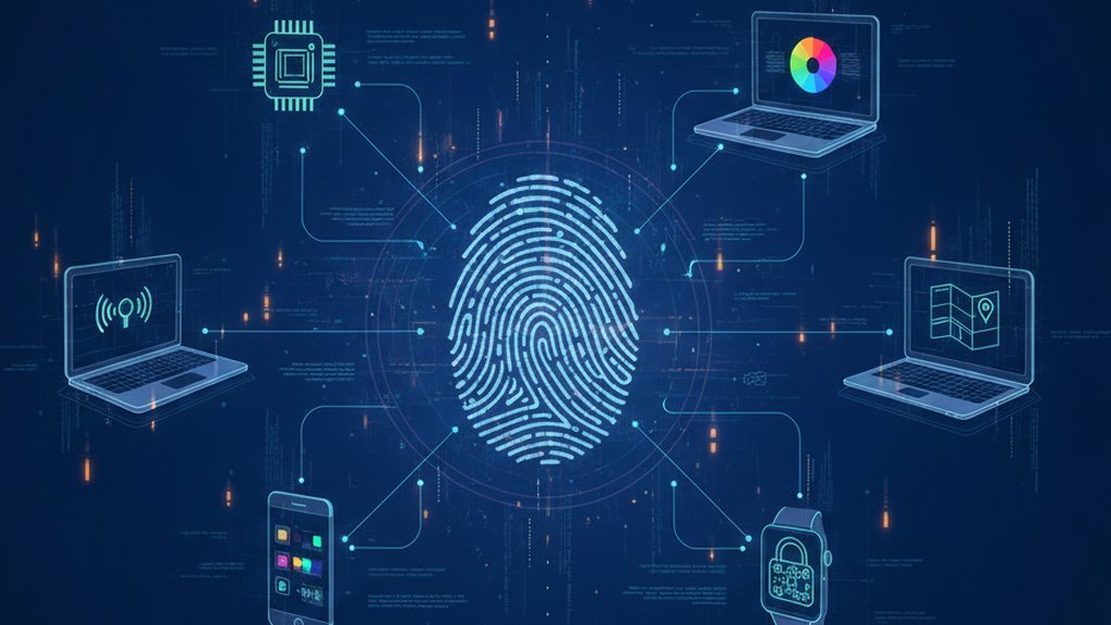 A glowing browser window casting a unique digital fingerprint pattern across a dark, abstract background.