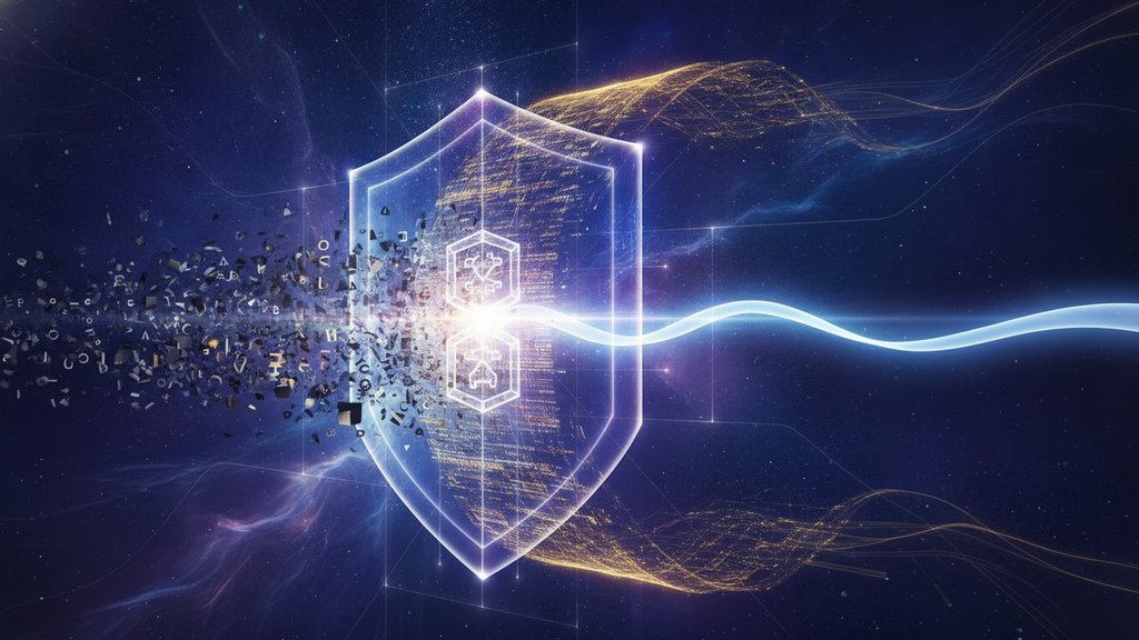 Illustration of one-time pad encryption, showing a shield protecting digital information as plaintext is transformed into secure ciphertext using a random key.