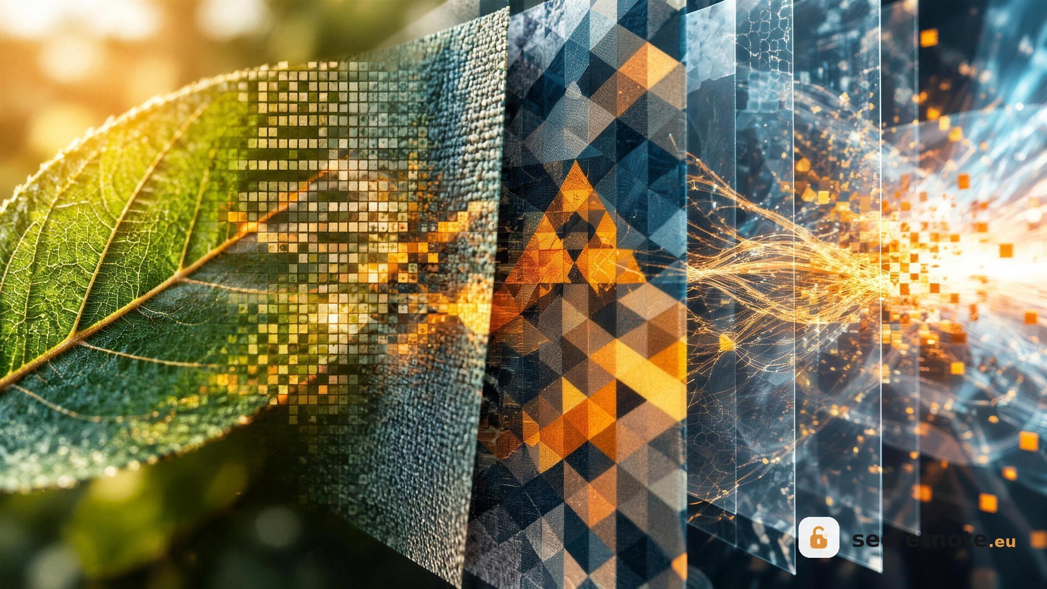 Illustration of steganography, showing an ordinary image transformed into a digital pattern that represents hidden information.
